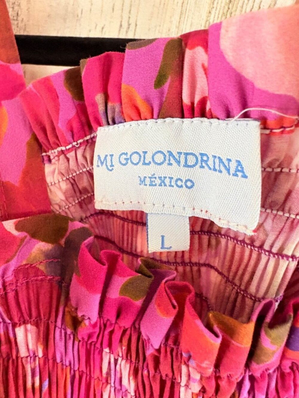 Mi Golondrina Sz L Smocked Midi Dress Pink Floral Mexico - Picture 9 of 16